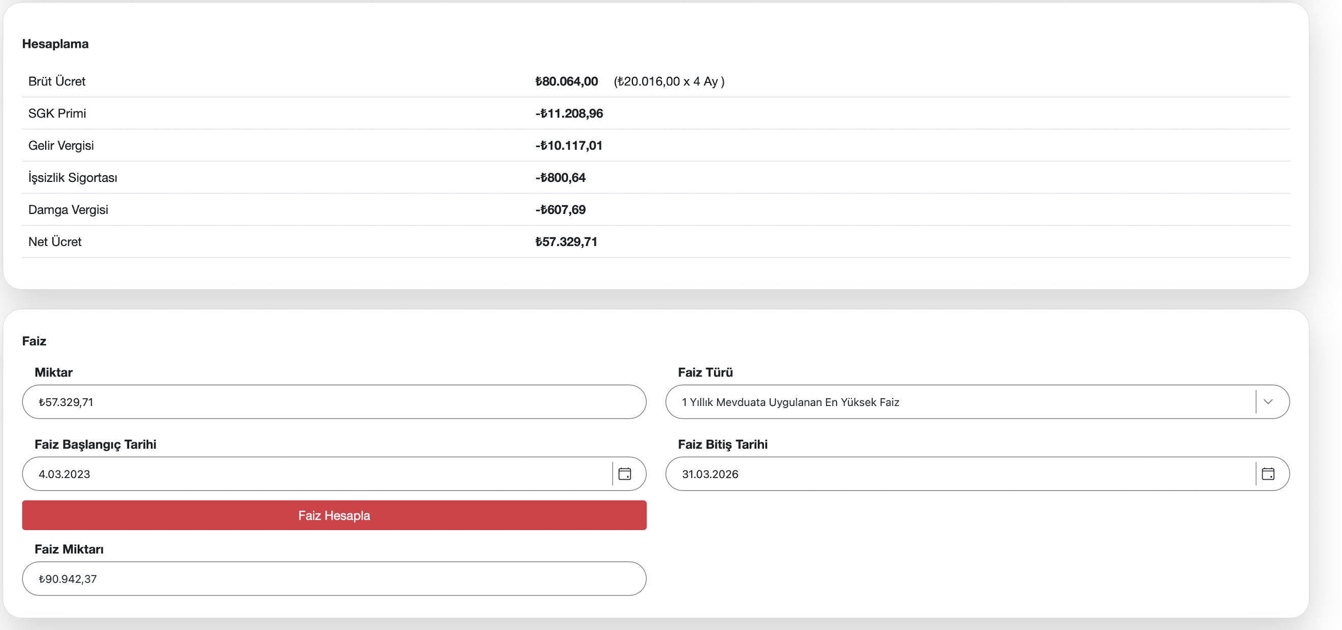 Boşta geçen süre ücreti sonuç ekranı