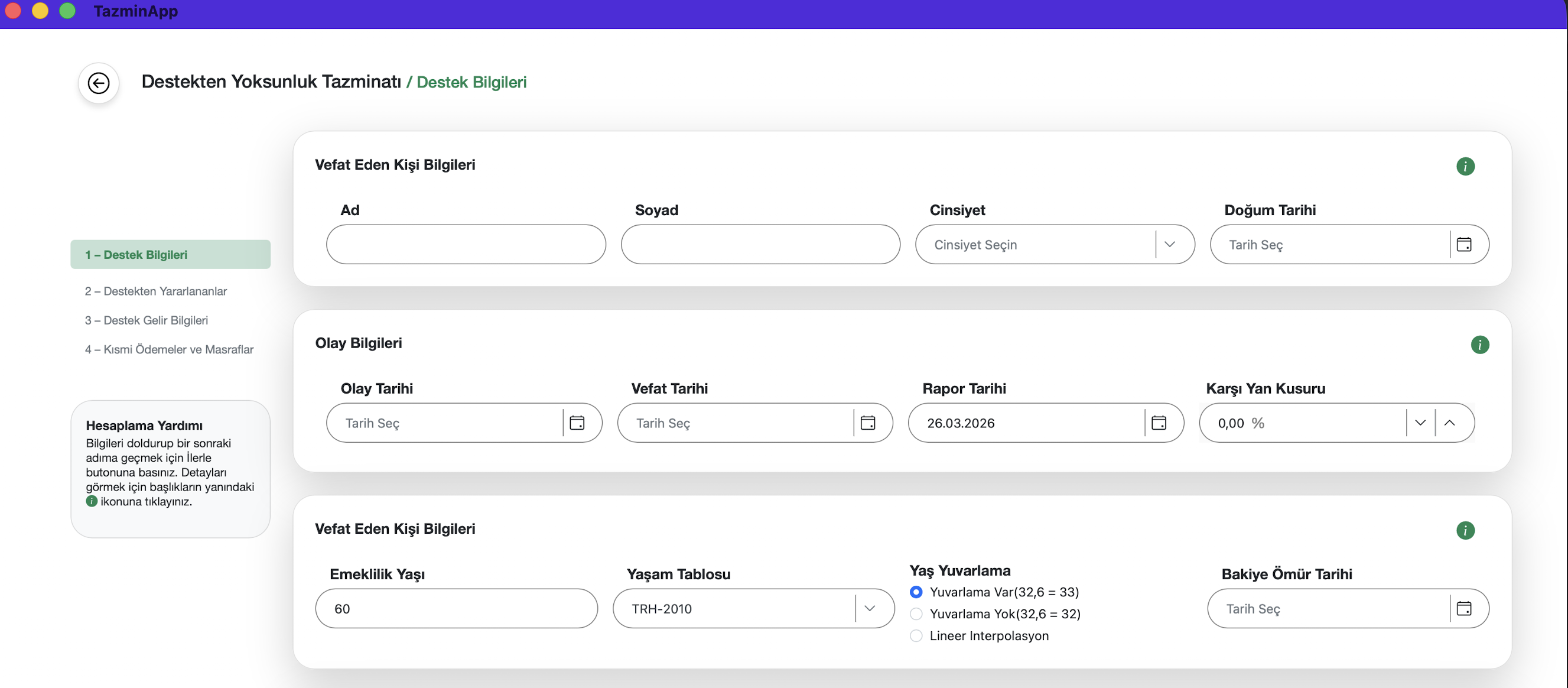 Destek bilgileri ana ekranı