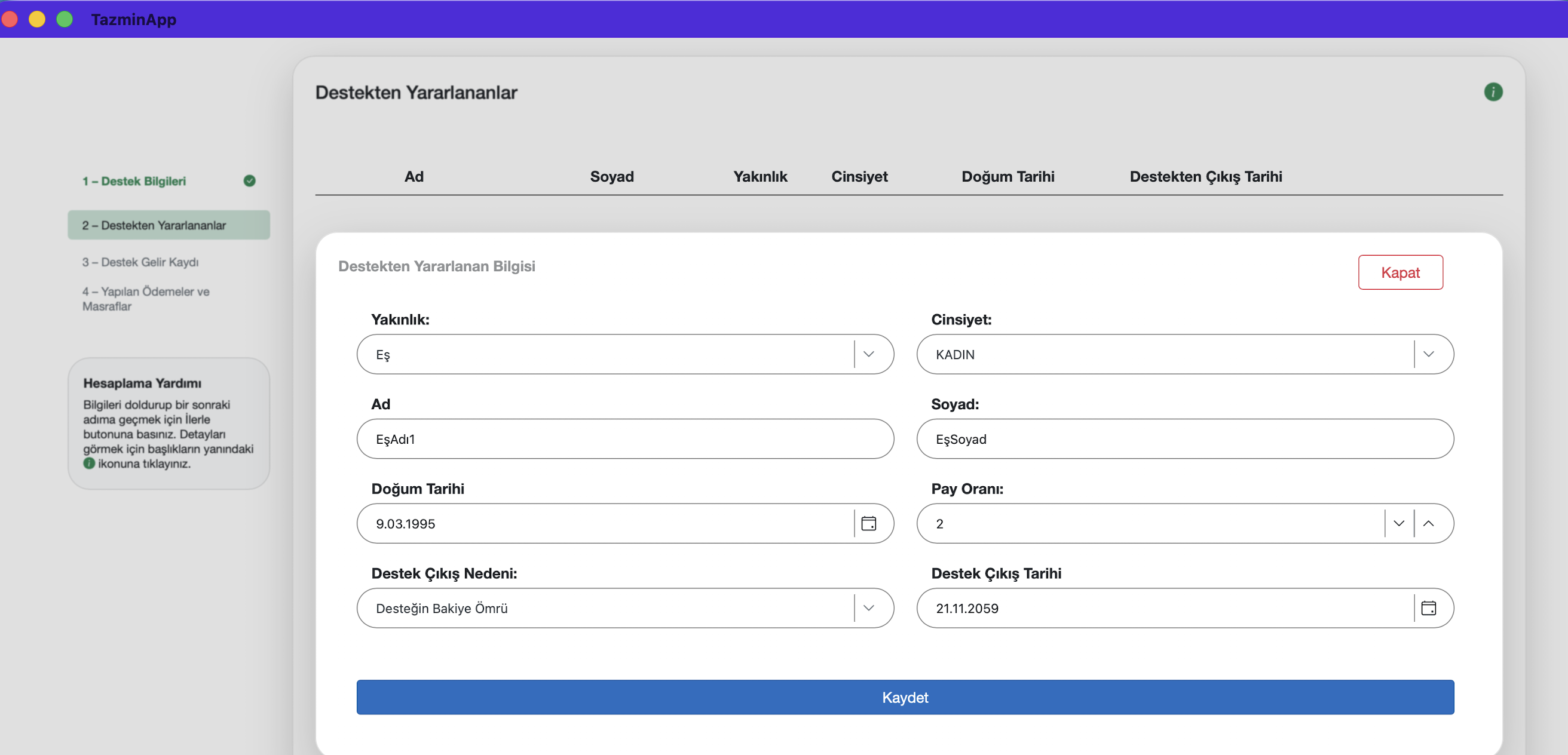 Destekten yararlanan kişi detay ekranı