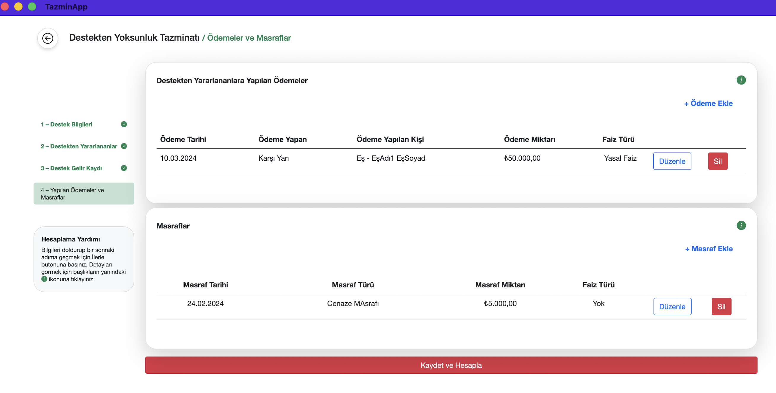 Masraf kayıtları ekranı