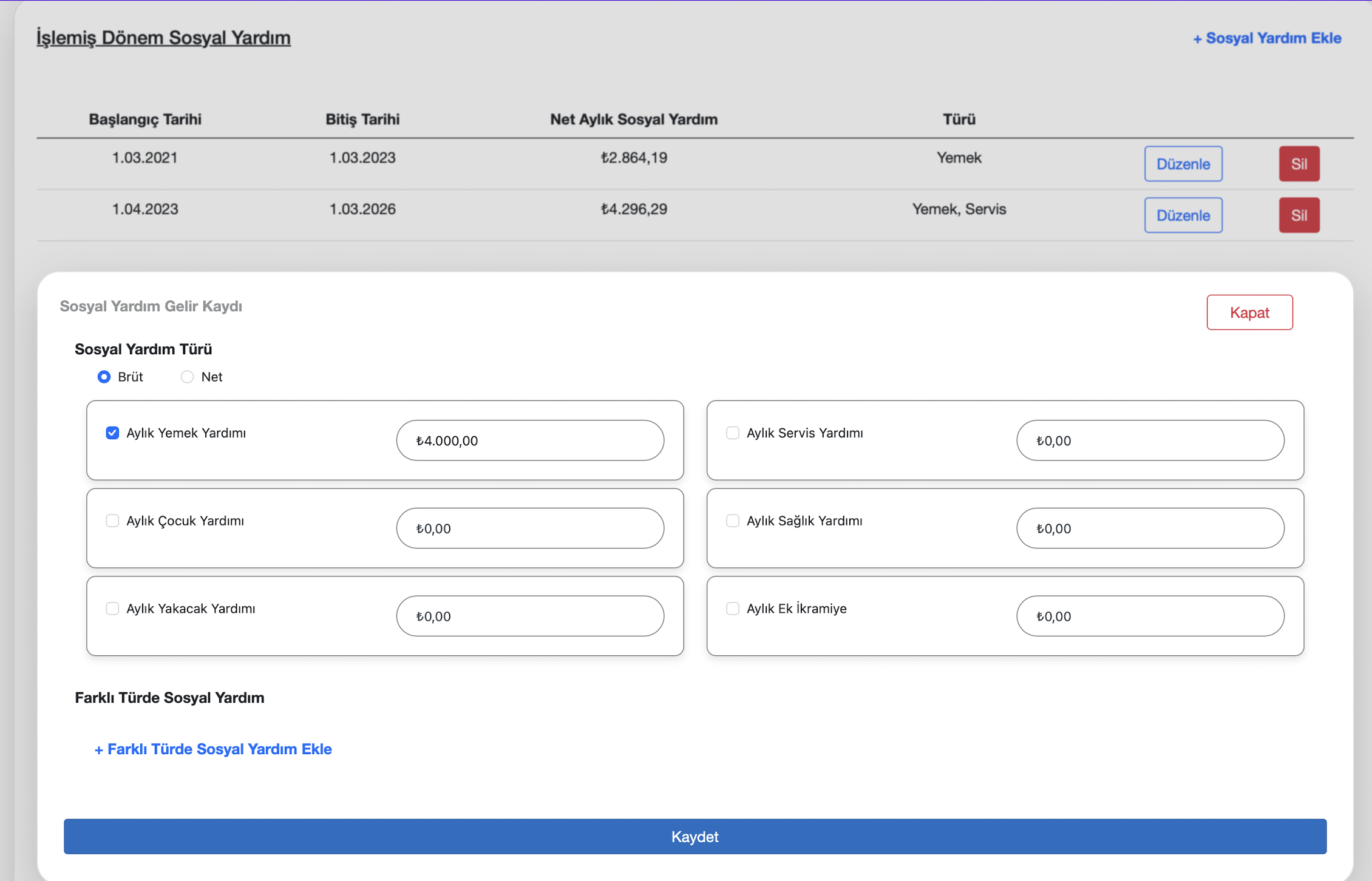Sosyal yardım kaydı ekranı