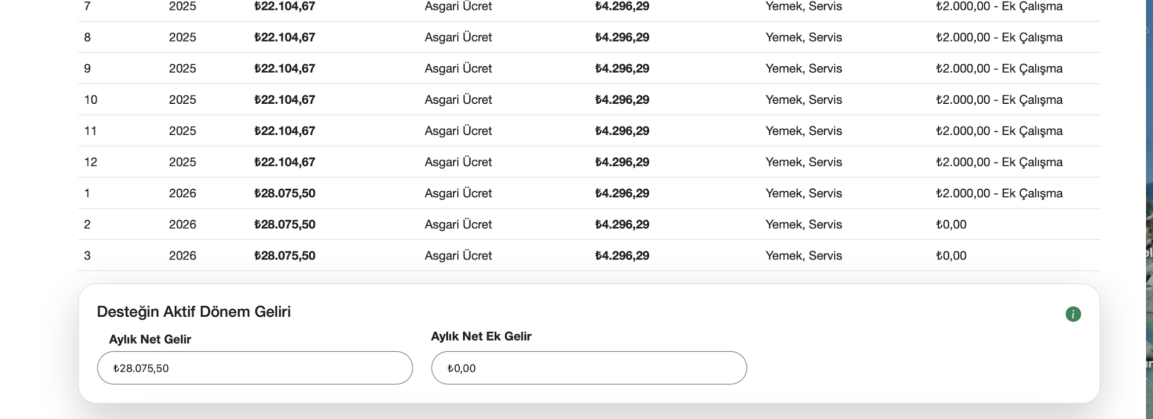 Aktif dönem geliri ekranı