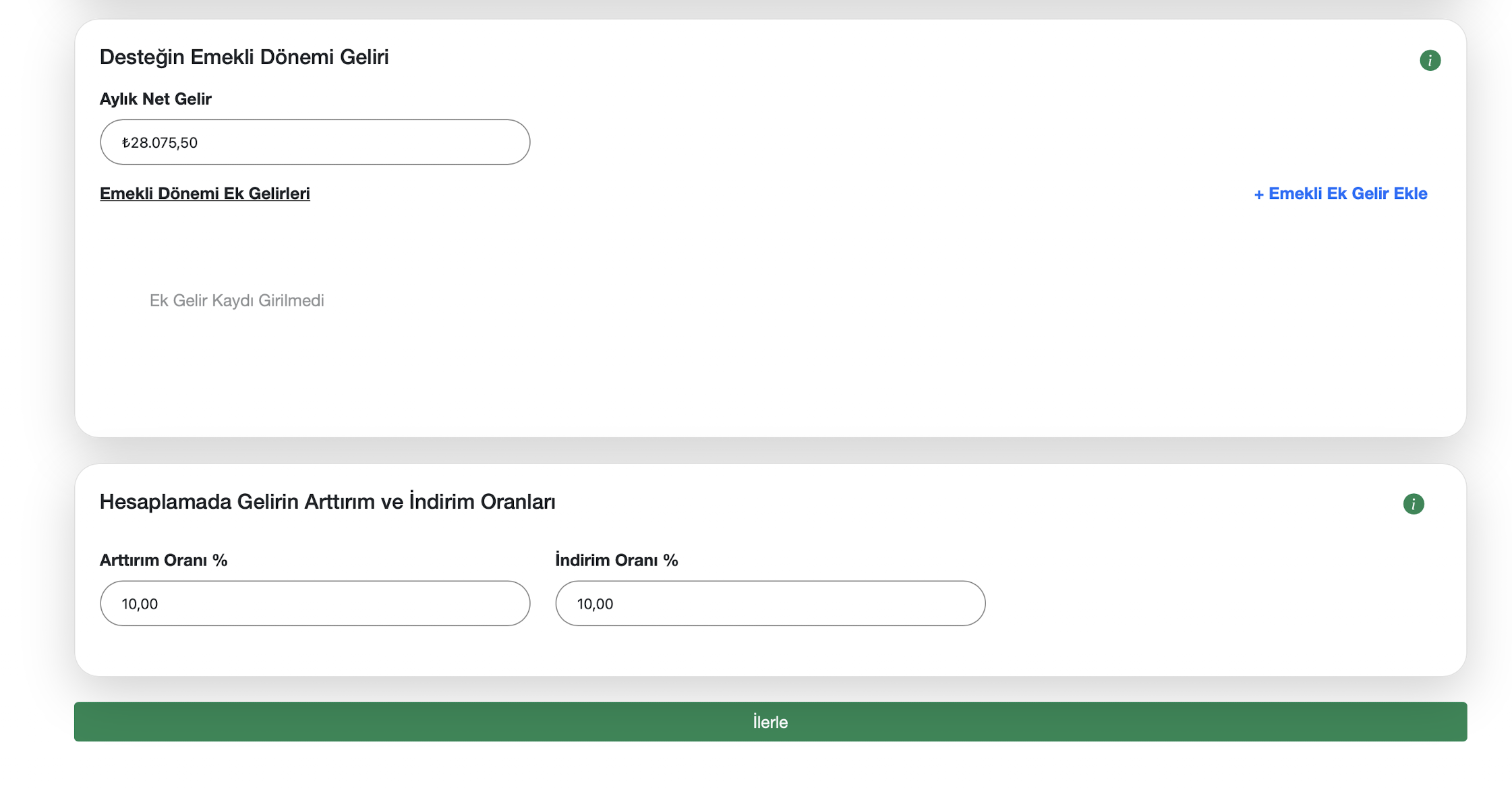 Emekli dönemi geliri ve oran ekranı