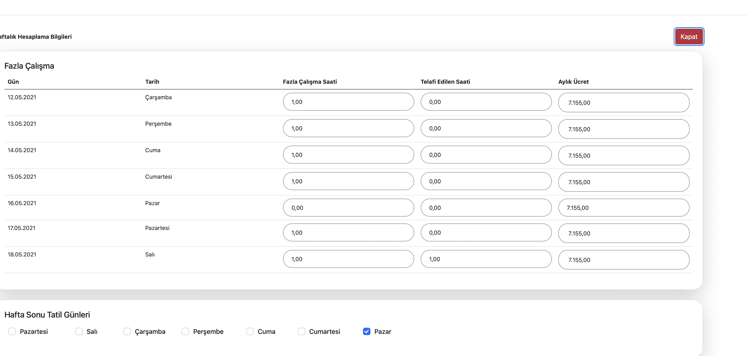 Gün bazlı çalışma listesi ekranı