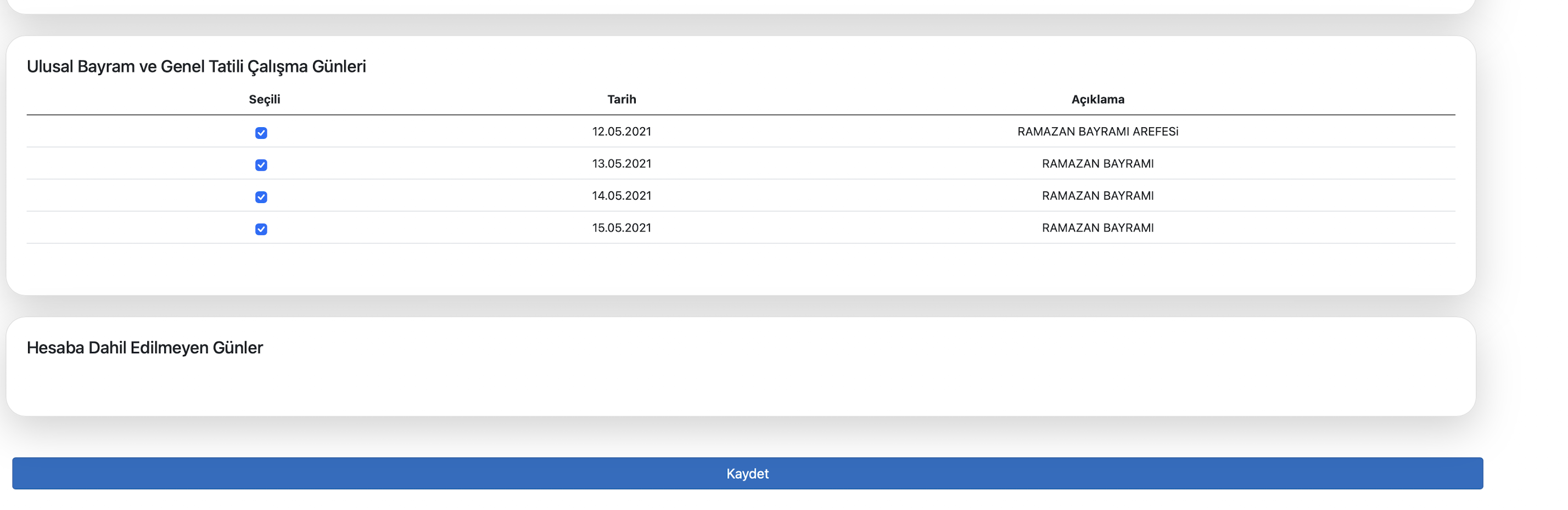 Resmi tatil ve hariç günler ekranı