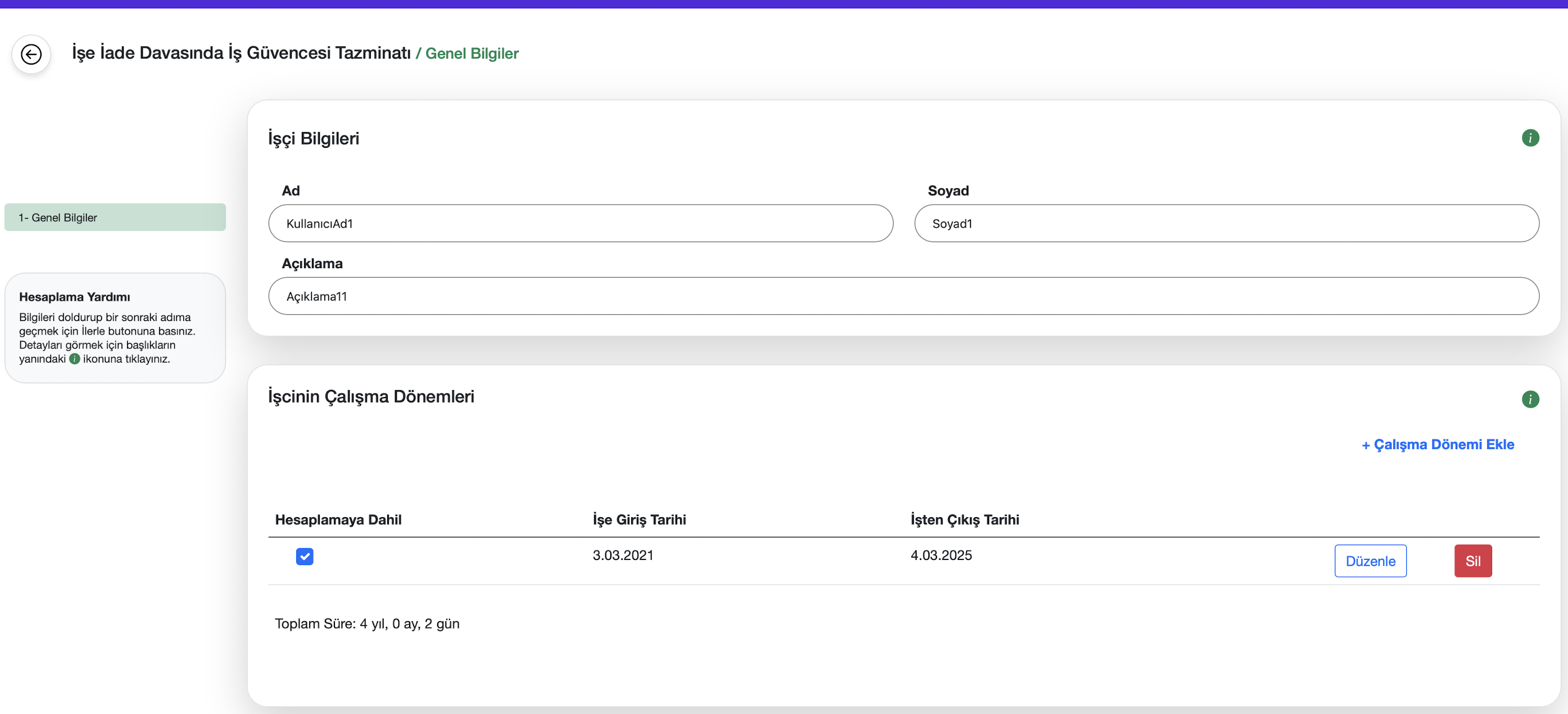 İş güvencesi tazminatı genel bilgiler ekranı