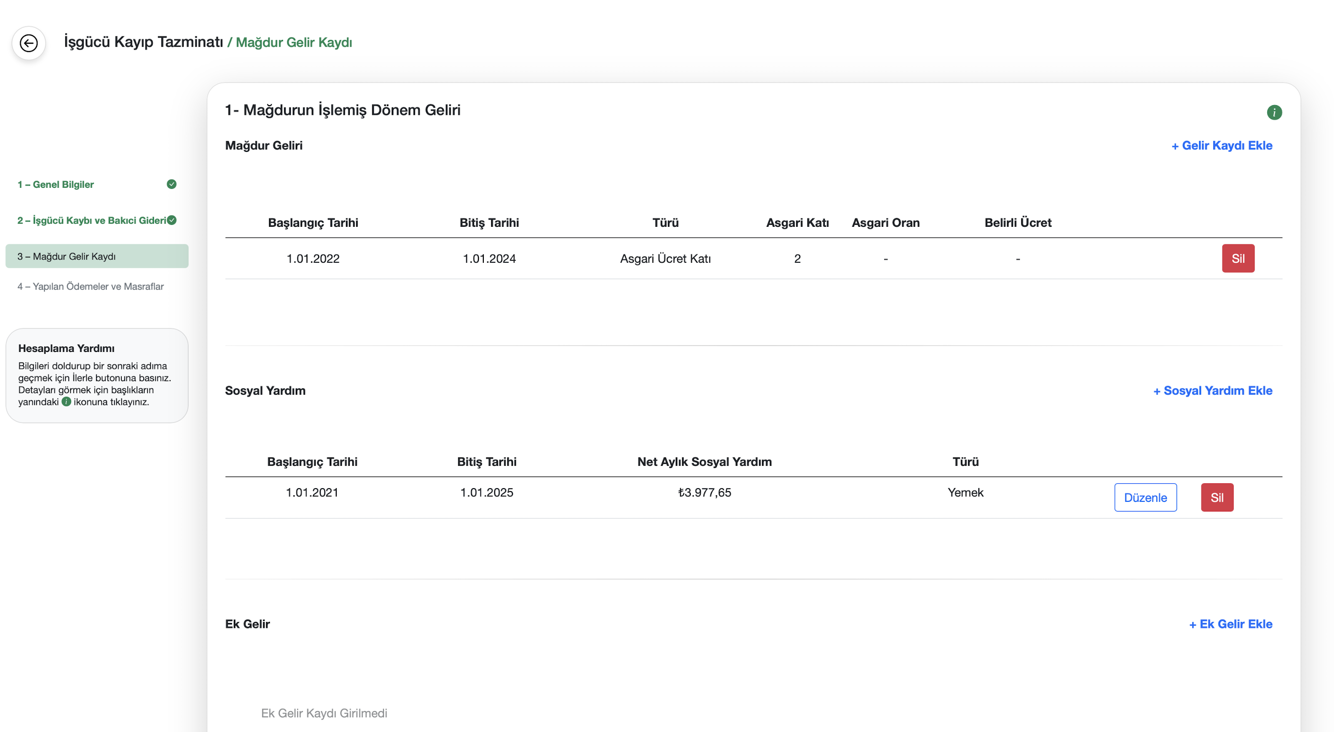 İşlemiş dönem gelir kaydı ekranı