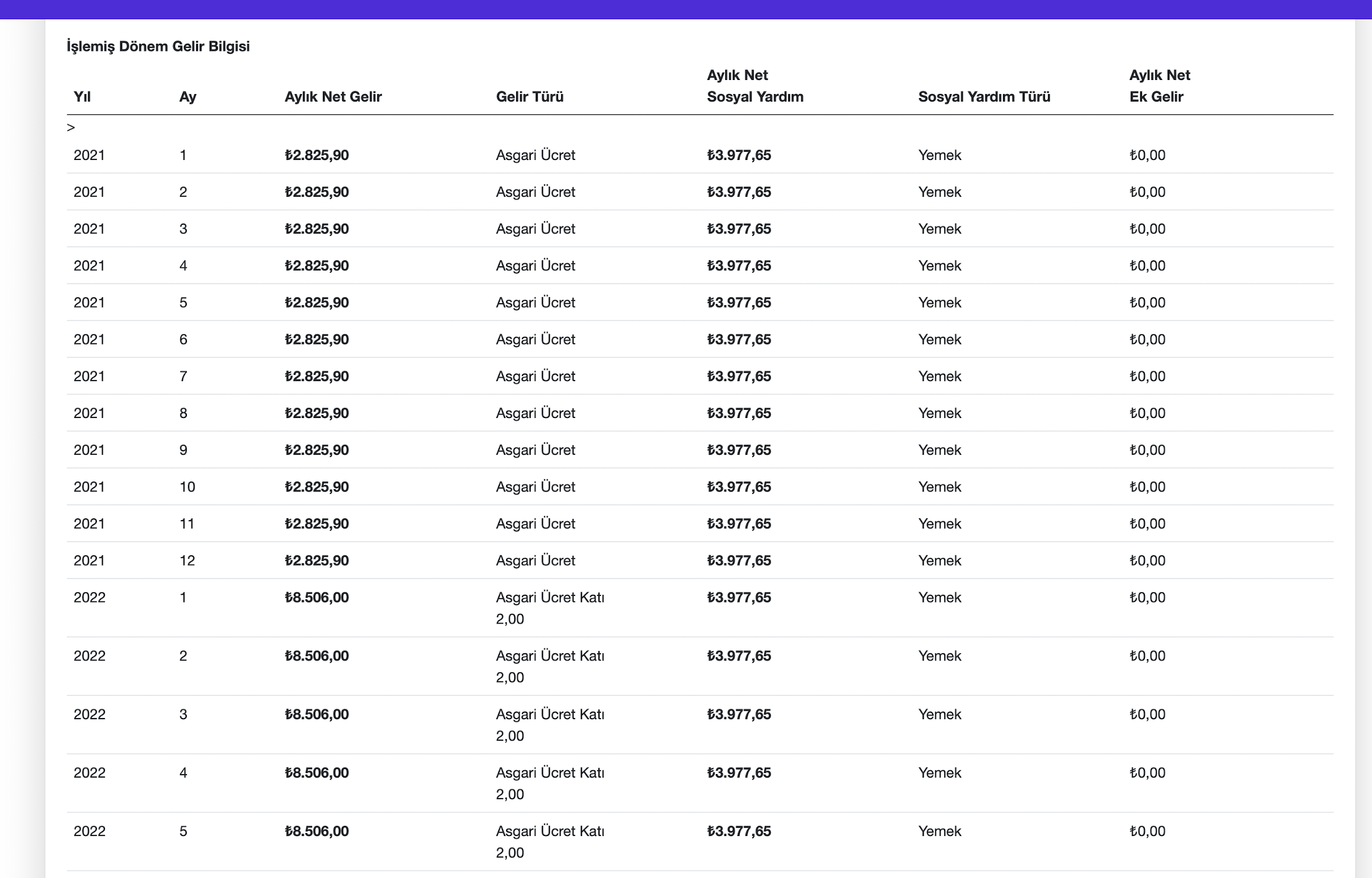 İşlemiş dönem gelir tablosu ekranı