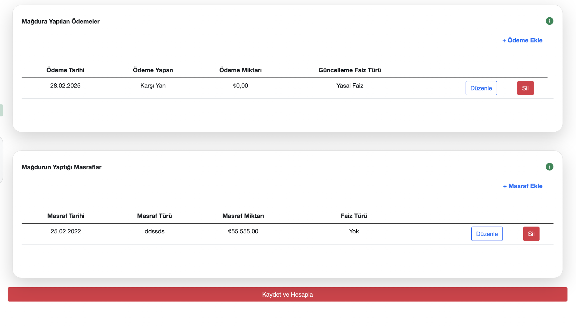 Ödeme ve masraf listesi ekranı