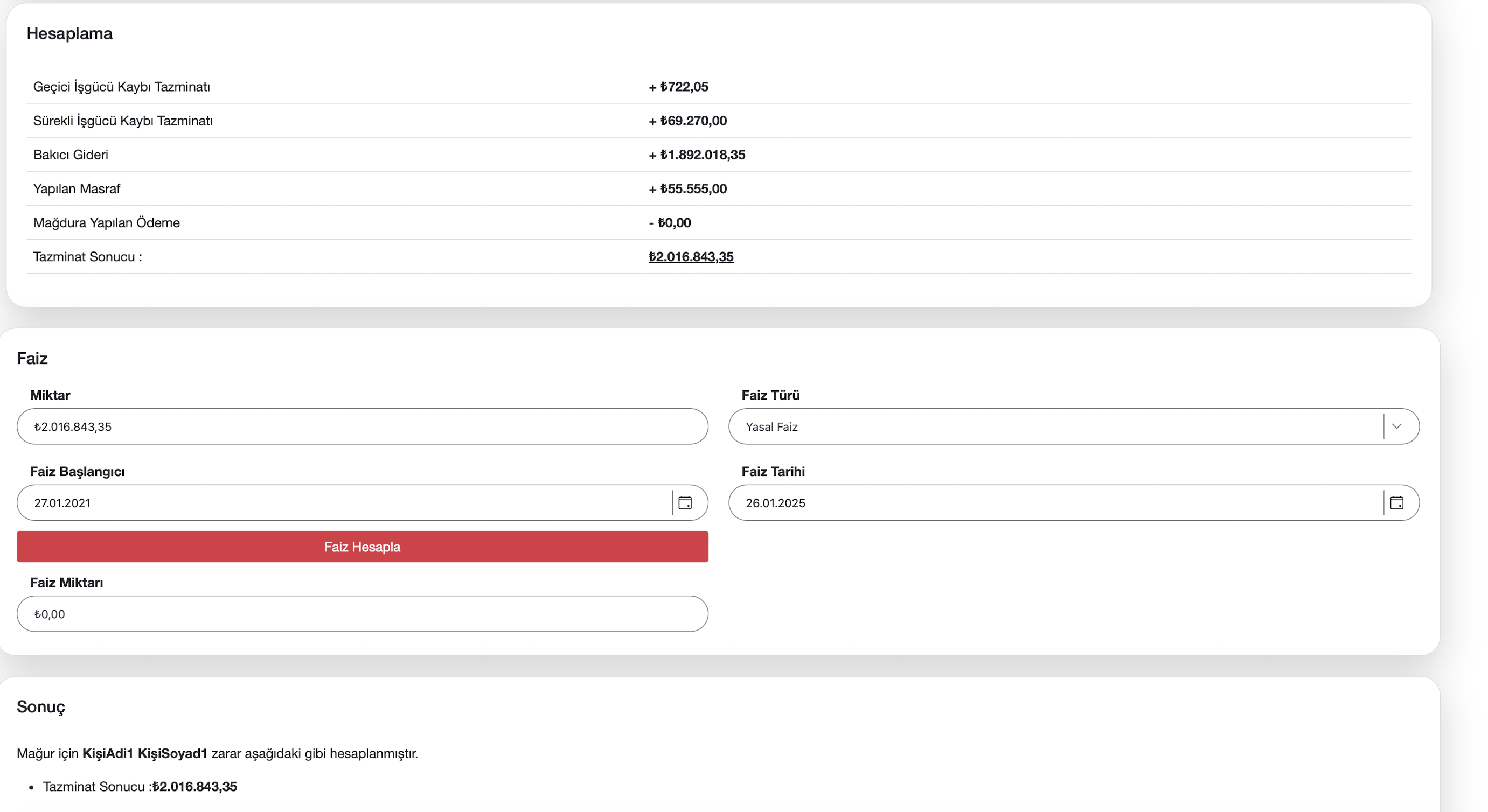 Faiz ve sonuç ekranı