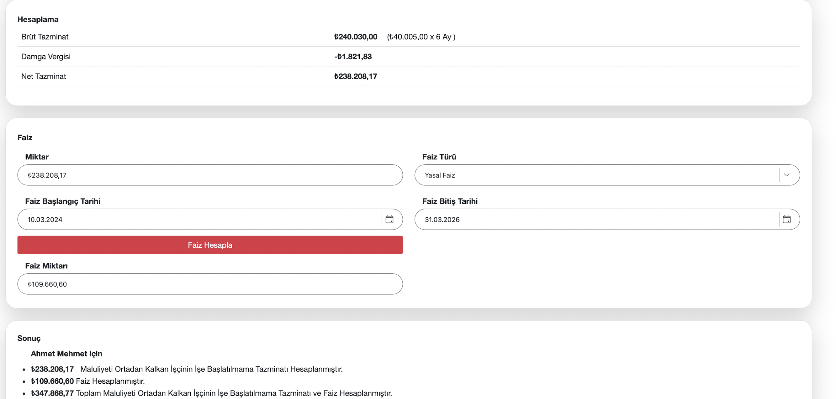 Maluliyeti ortadan kalkan işçinin sonuç ekranı