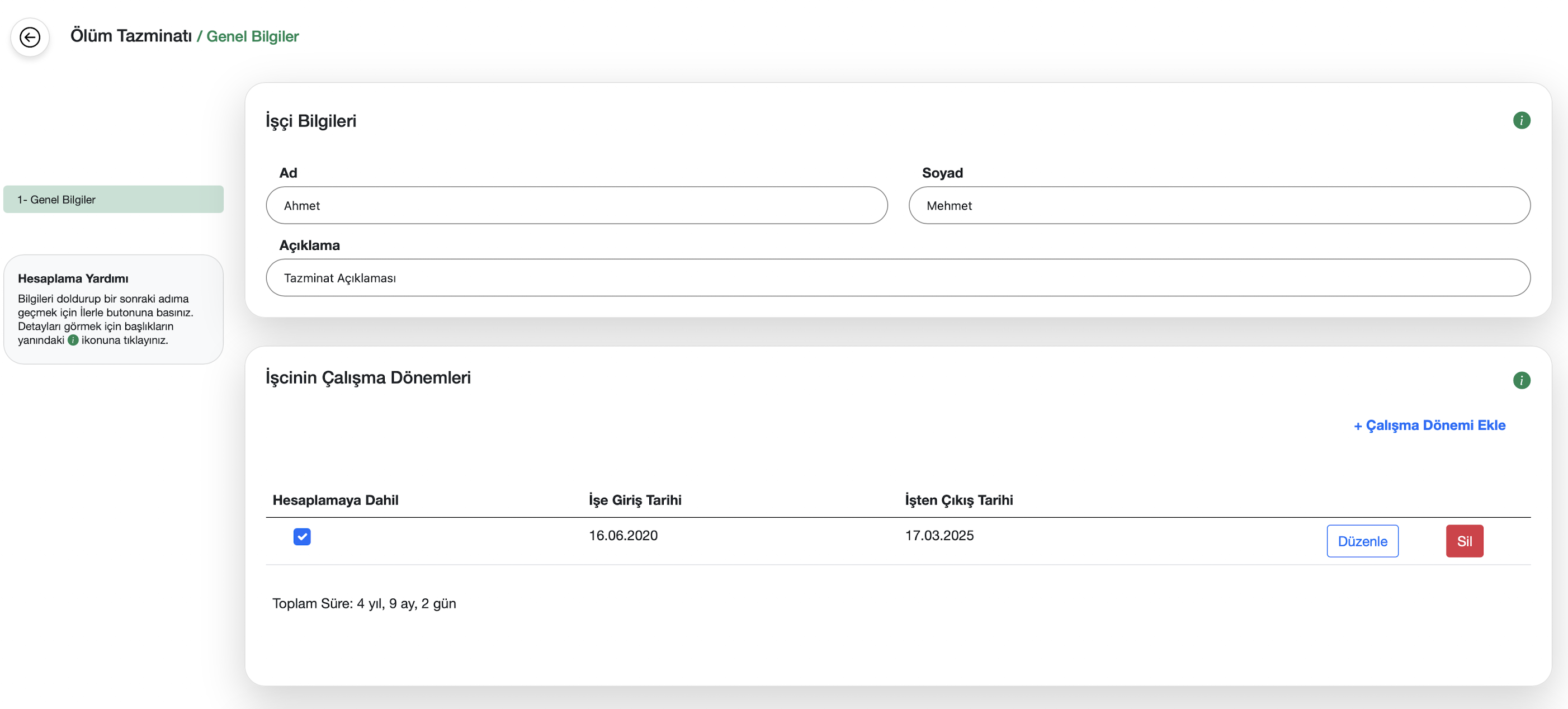 Ölüm tazminatı genel bilgiler ekranı