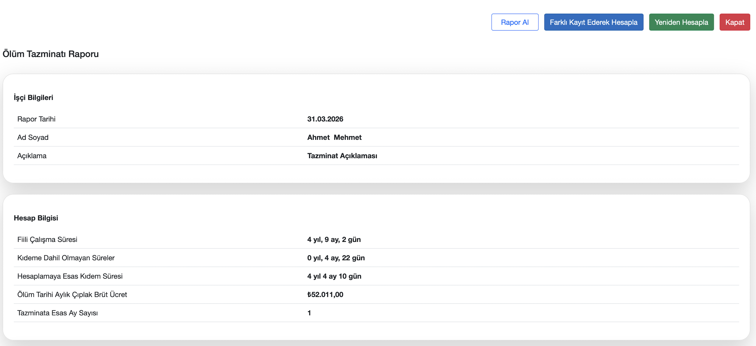 Ölüm tazminatı hesap ekranı