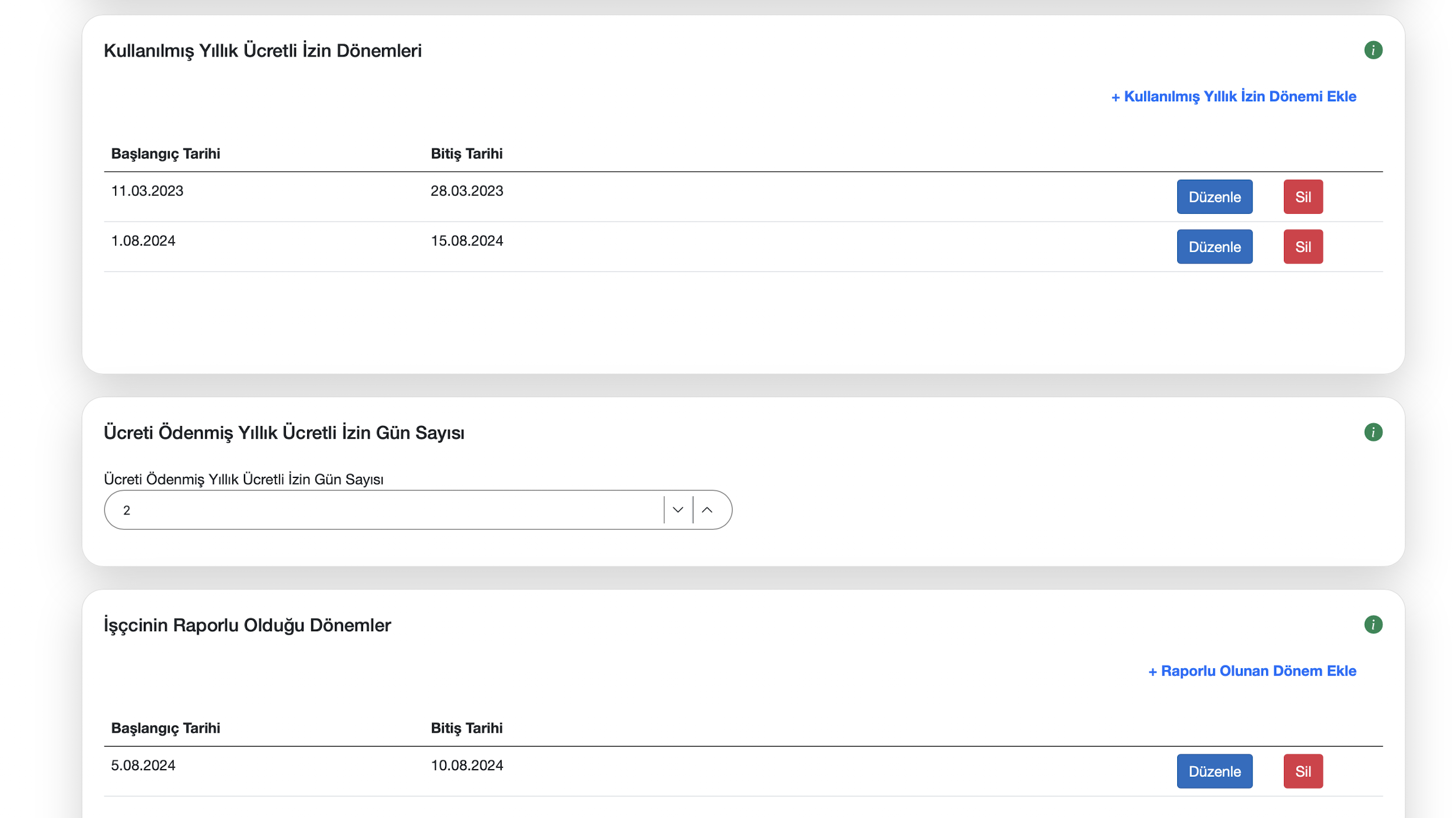 Raporlu olunan dönemler ekranı