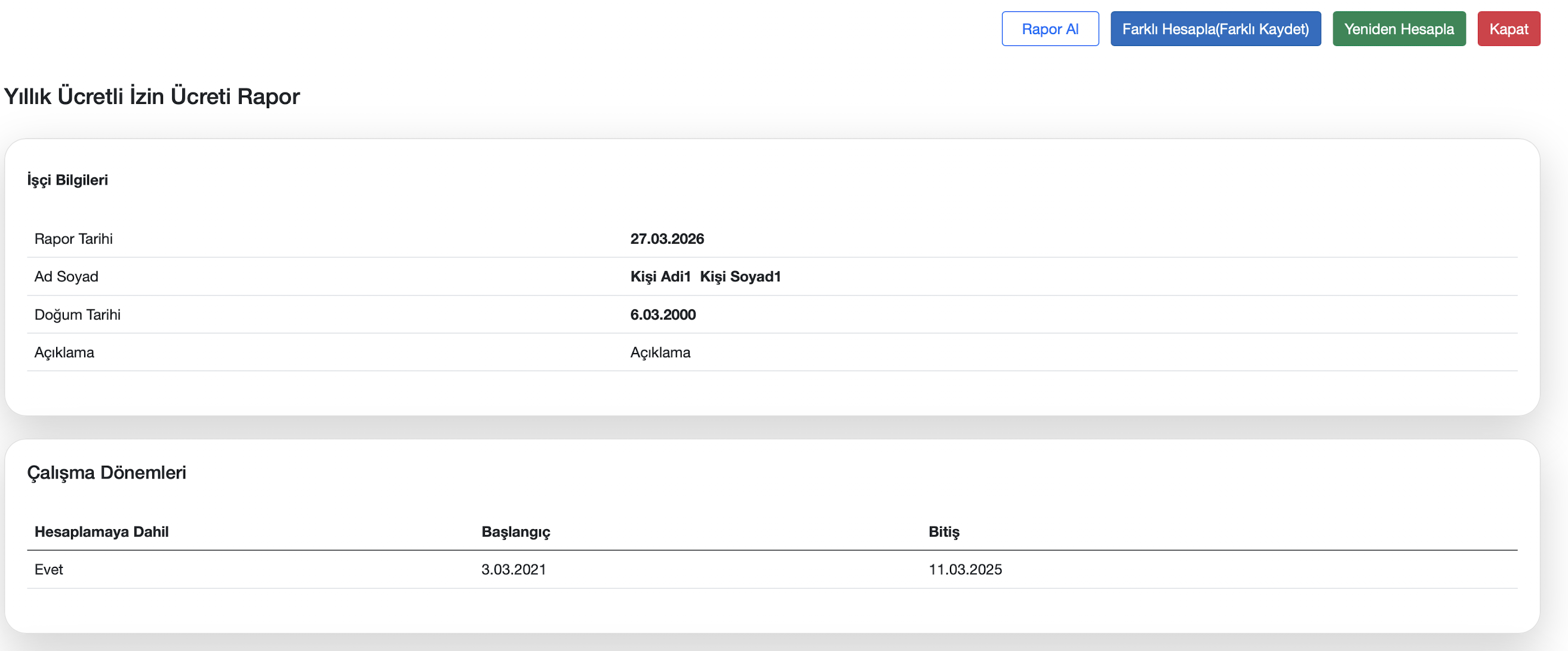 Yıllık izin raporu ana ekranı